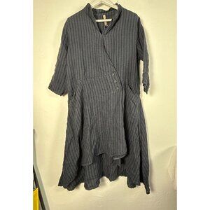 Cynthia Ashby Stripe Janey Dress Medium Navy 100% Linen Asymmetric USA Made New
